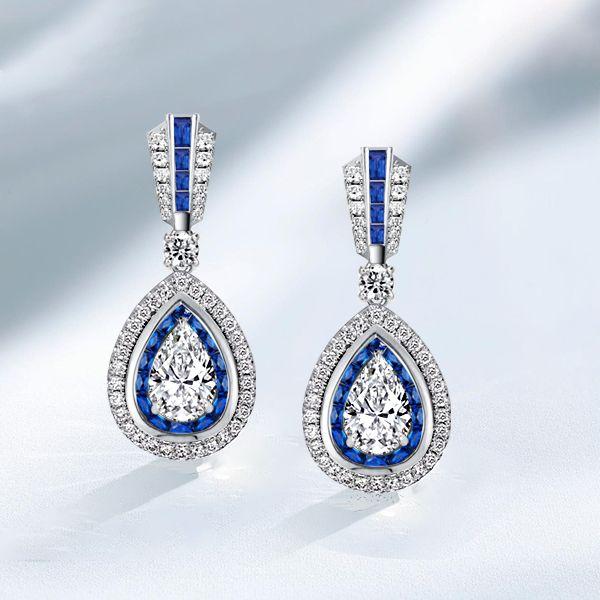 Pear Cut White & Blue Sapphire Double Halo Drop Earrings - Sterling Silver