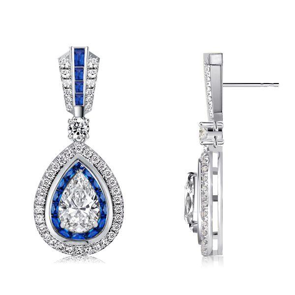 Pear Cut White & Blue Sapphire Double Halo Drop Earrings - Sterling Silver