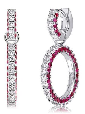 Sterling Silver Round Cut White & Ruby Sapphire Drop Earrings for Women