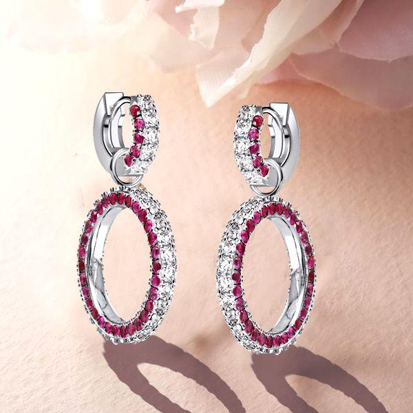 Sterling Silver Round Cut White & Ruby Sapphire Drop Earrings for Women