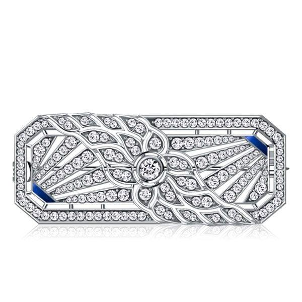Art Deco Floral Brooch | White Sapphire Accent | 925 Sterling Silver Rhodium Plated Jewelry
