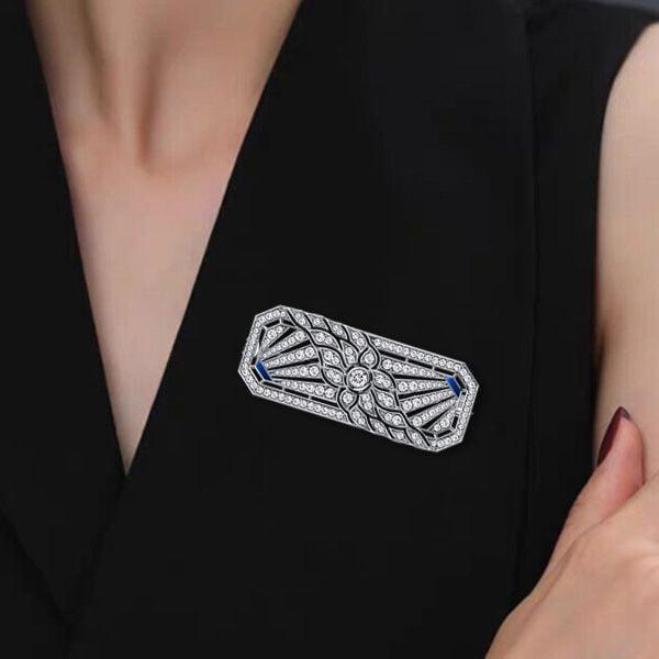 Art Deco Floral Brooch | White Sapphire Accent | 925 Sterling Silver Rhodium Plated Jewelry