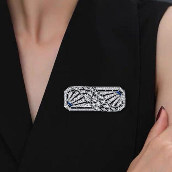 Art Deco Floral Brooch | White Sapphire Accent | 925 Sterling Silver Rhodium Plated Jewelry