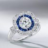 Art Deco Milgrain Halo Blue Sapphire Engagement Ring in 925 Sterling Silver