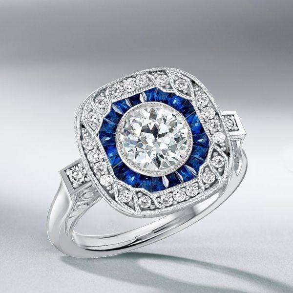 Art Deco Milgrain Halo Blue Sapphire Engagement Ring in 925 Sterling Silver