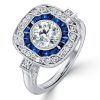 Art Deco Milgrain Halo Blue Sapphire Engagement Ring in 925 Sterling Silver