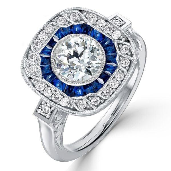 Art Deco Milgrain Halo Blue Sapphire Engagement Ring in 925 Sterling Silver