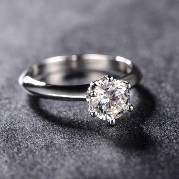 Classic Round Solitaire Engagement Ring - Created White Sapphire - Sterling Silver