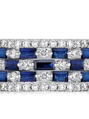 Baguette Blue Sapphire Half Eternity Anniversary Ring - Sterling Silver