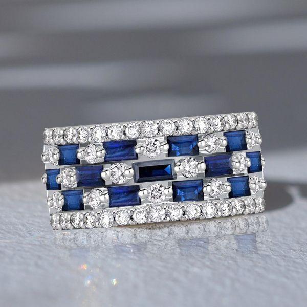 Baguette Blue Sapphire Half Eternity Anniversary Ring - Sterling Silver