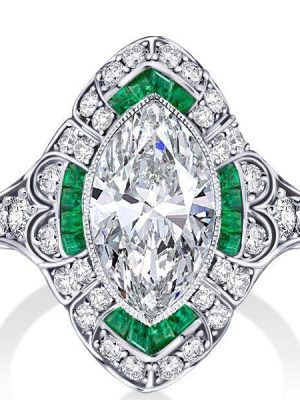 Art Deco Marquise Cut Sterling Silver Milgrain Halo Engagement Ring - 1.50 CT