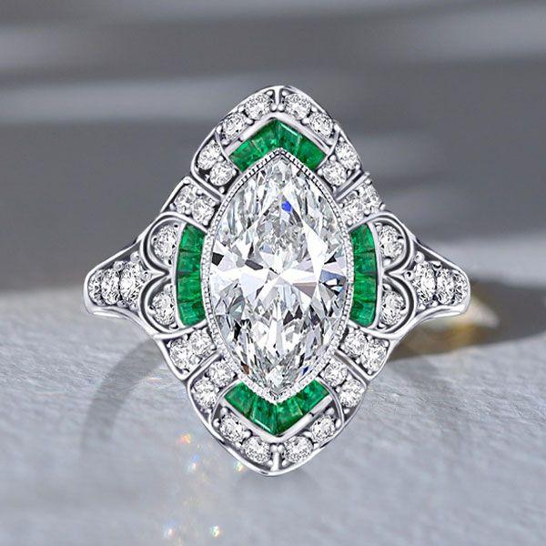 Art Deco Marquise Cut Sterling Silver Milgrain Halo Engagement Ring - 1.50 CT