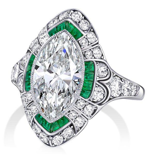 Art Deco Marquise Cut Sterling Silver Milgrain Halo Engagement Ring - 1.50 CT