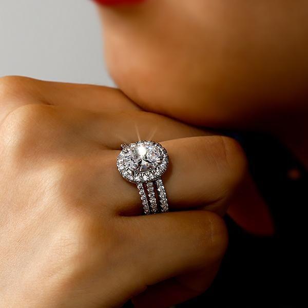 Halo Oval White Sapphire 3-Piece Wedding Set in Sterling Silver