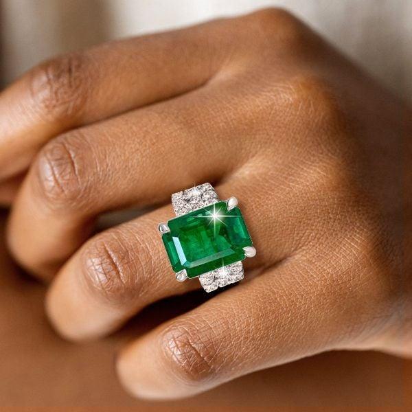3PC Emerald Cut Emerald Green Engagement Ring Wedding Set in 925 Sterling Silver