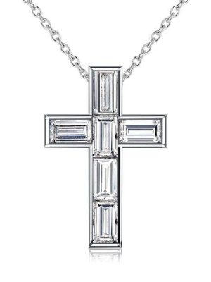 Baguette Cut Cross Pendant Necklace - Sterling Silver Bezel Setting - Available Lengths