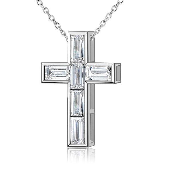Baguette Cut Cross Pendant Necklace - Sterling Silver Bezel Setting - Available Lengths