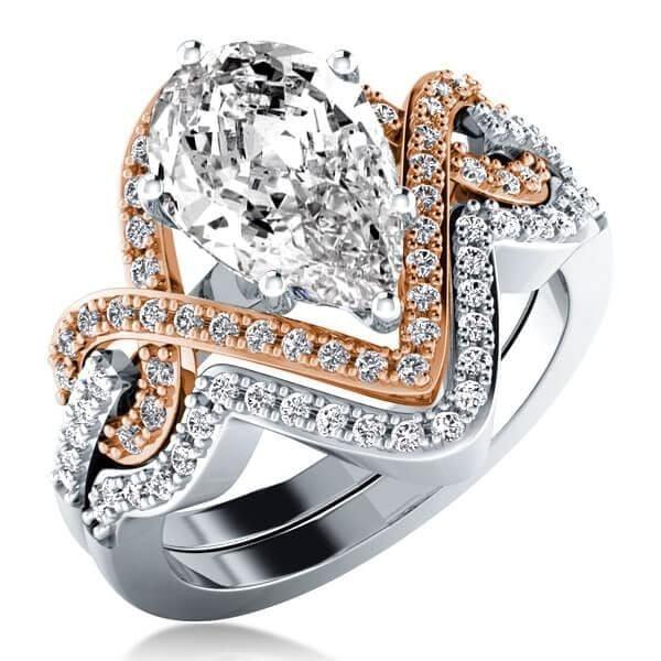 Two-Tone Sterling Silver Bridal Set with Two-Tone Silk Ribbon Knot Created White Sapphire