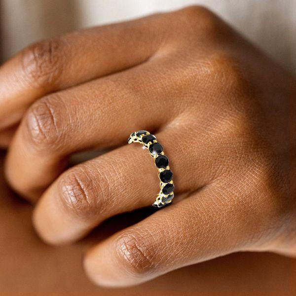 Golden Black Cubic Zirconia Eternity Wedding Band for Women - 18K Gold Plated Sterling Silver
