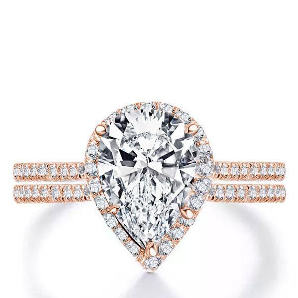 Rose Gold Pear Halo Bridal Set - White Sapphire Engagement Ring