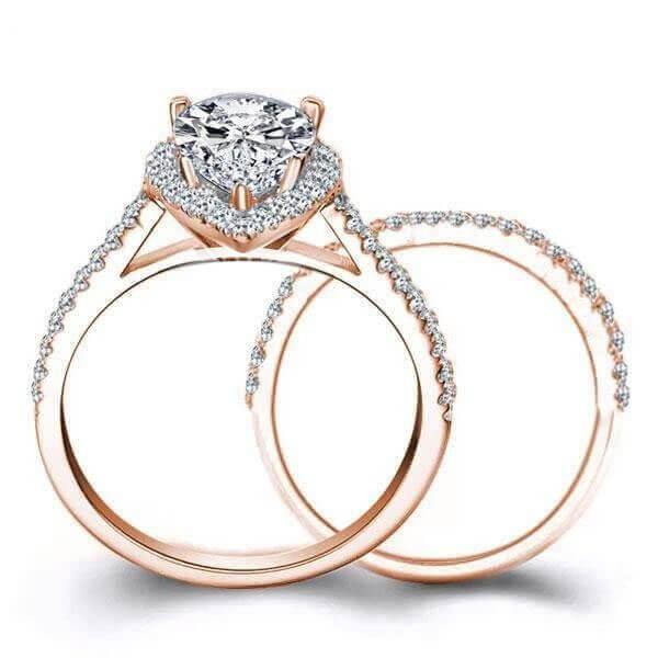 Rose Gold Pear Halo Bridal Set - White Sapphire Engagement Ring
