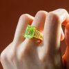 Baguette & Emerald Cut Peridot Engagement Ring - 18K Gold Plated Sterling Silver