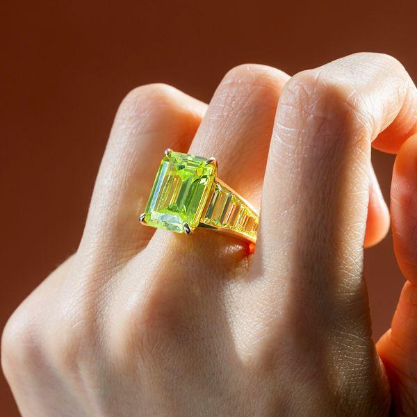 Baguette & Emerald Cut Peridot Engagement Ring - 18K Gold Plated Sterling Silver