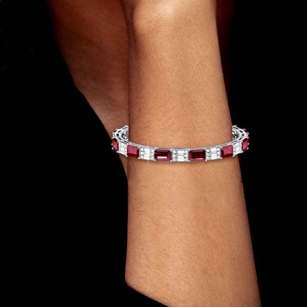 Emerald Cut Ruby Bracelet in 925 Sterling Silver | Adjustable Length Wedding Jewelry