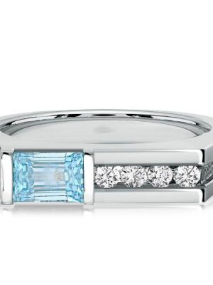 Emerald Cut Aquamarine Wedding Band in Sterling Silver - Vintage Style