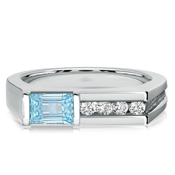 Emerald Cut Aquamarine Wedding Band in Sterling Silver - Vintage Style