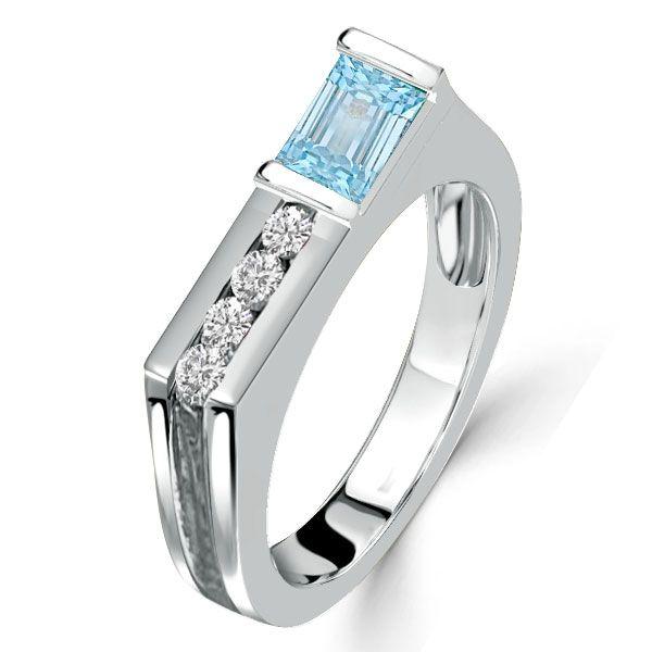Emerald Cut Aquamarine Wedding Band in Sterling Silver - Vintage Style