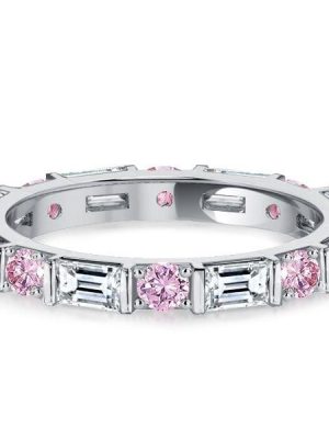 Baguette Cut Pink Stone Eternity Band Ring for Women in Sterling Silver