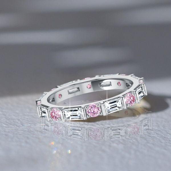 Baguette Cut Pink Stone Eternity Band Ring for Women in Sterling Silver