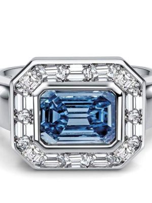 East West Emerald Cut Blue Topaz Engagement Ring in Sterling Silver