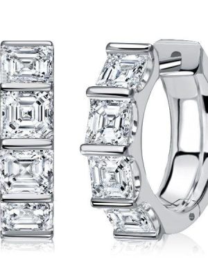 Sterling Silver Bar Setting Hoop Earrings with Asscher Cut Stones