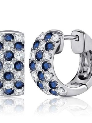 Blue & White Triple Row Huggie Hoop Earrings in Sterling Silver