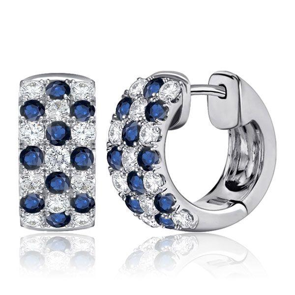 Blue & White Triple Row Huggie Hoop Earrings in Sterling Silver