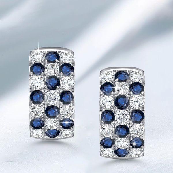 Blue & White Triple Row Huggie Hoop Earrings in Sterling Silver