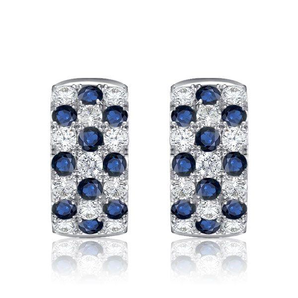 Blue & White Triple Row Huggie Hoop Earrings in Sterling Silver