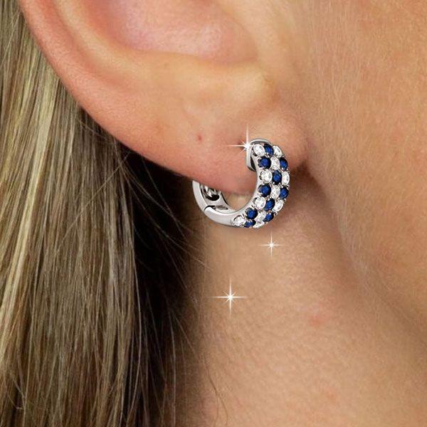 Blue & White Triple Row Huggie Hoop Earrings in Sterling Silver