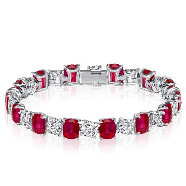 Ruby & White Cushion Cut Tennis Bracelet - 925 Sterling Silver