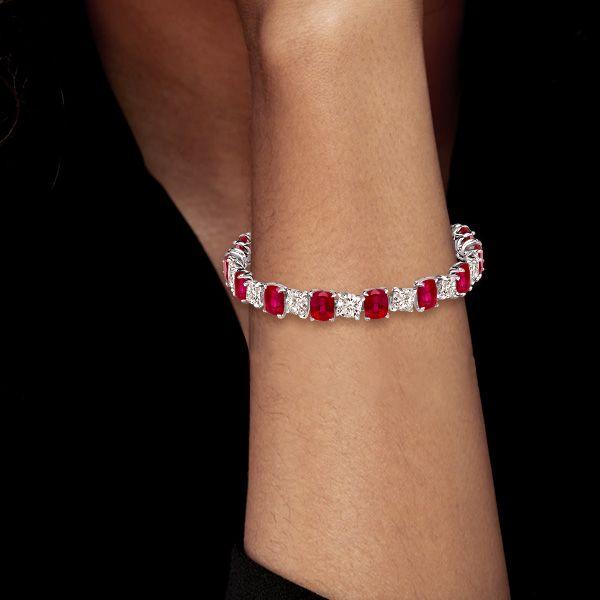 Ruby & White Cushion Cut Tennis Bracelet - 925 Sterling Silver
