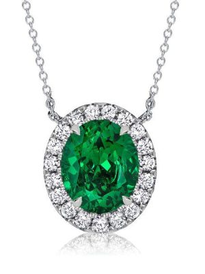 Oval Emerald Halo Necklace - 925 Sterling Silver - Green Gemstone Pendant