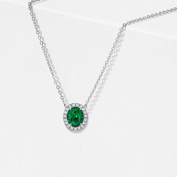 Oval Emerald Halo Necklace - 925 Sterling Silver - Green Gemstone Pendant