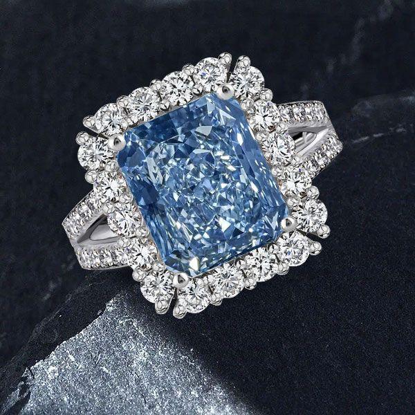 Radiant Cut Blue Topaz Halo Engagement Ring - Sterling Silver Split Shank