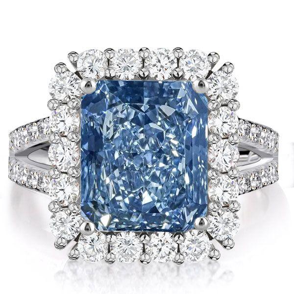 Radiant Cut Blue Topaz Halo Engagement Ring - Sterling Silver Split Shank