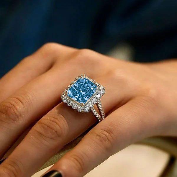 Radiant Cut Blue Topaz Halo Engagement Ring - Sterling Silver Split Shank