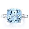 Aquamarine Cushion Cut Three Stone Engagement Ring - Sterling Silver