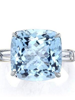 Aquamarine Cushion Cut Three Stone Engagement Ring - Sterling Silver