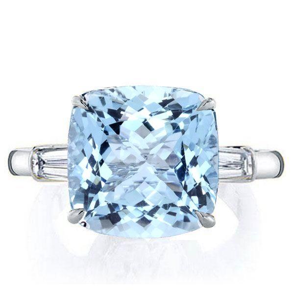 Aquamarine Cushion Cut Three Stone Engagement Ring - Sterling Silver